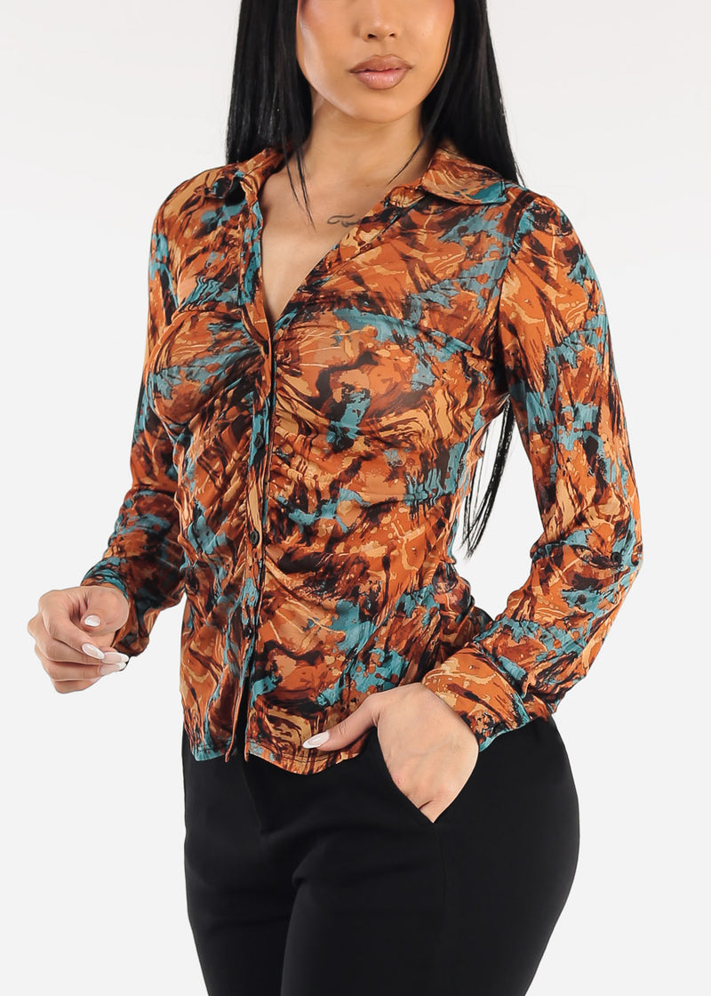 Stretch Ruched Long Sleeve Printed Mesh Blouse Rust