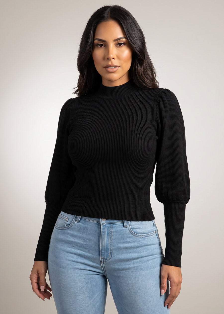 Long Cuff Puff Sleeve Mock Neck Stretch Sweater Top Black, view 1 of 2