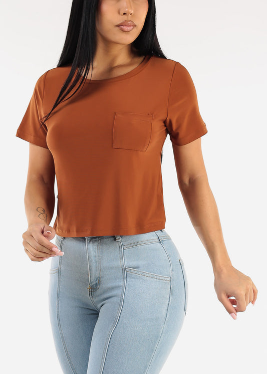 Stretchy Short Sleeve Crewneck Top Brown