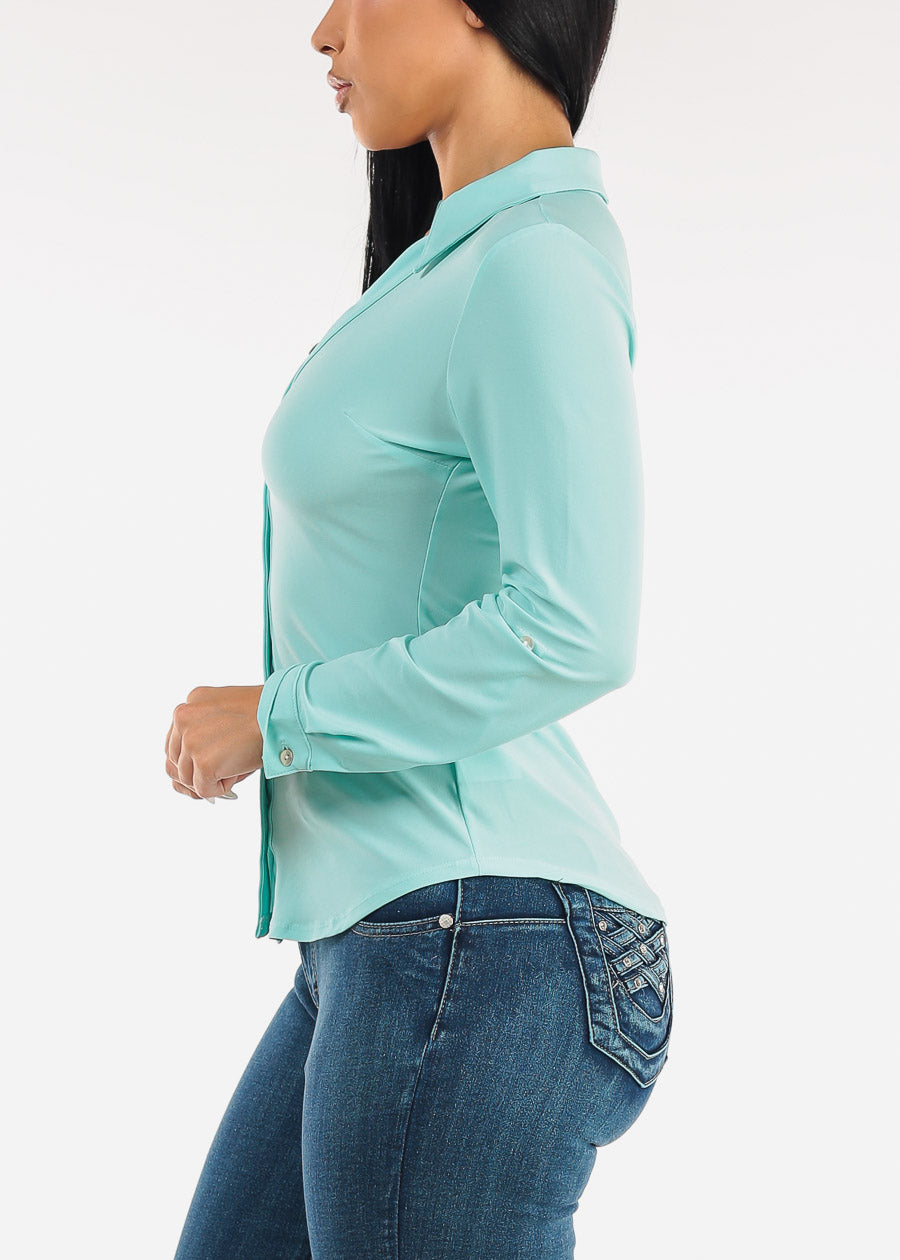 Stretchy Long Sleeve Button Down Collared Blouse Mint
