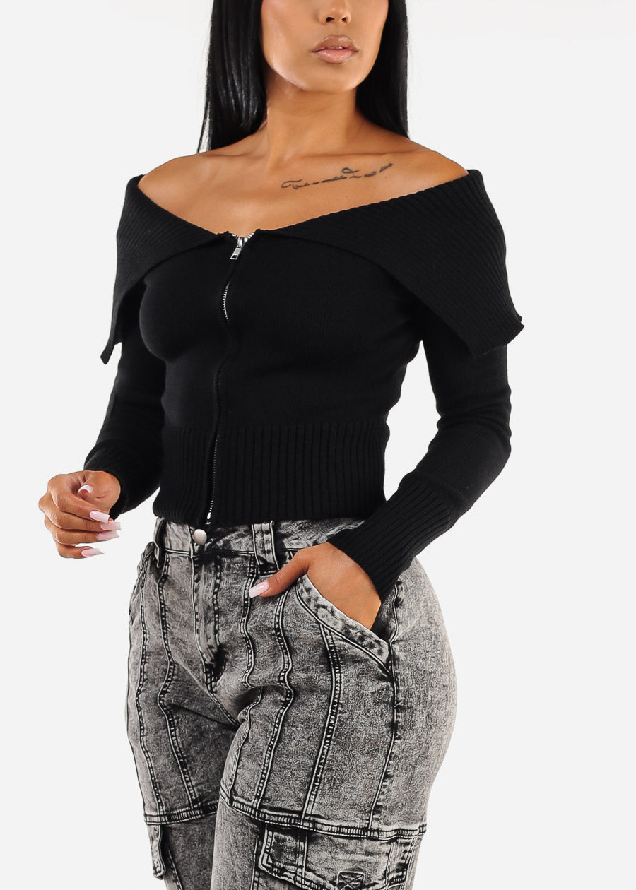 Off Shoulder Zip Up Black Sweater