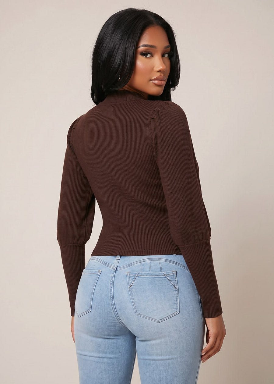 Long Cuff Puff Sleeve Mock Neck Stretch Sweater Top Brown, view 2 of 2