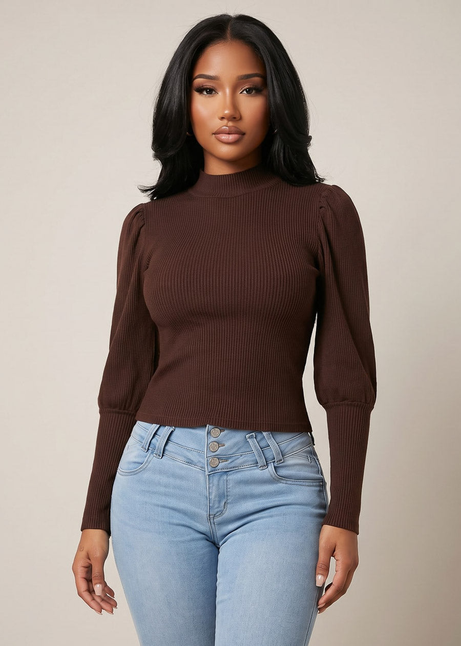 Long Cuff Puff Sleeve Mock Neck Stretch Sweater Top Brown, view 1 of 2