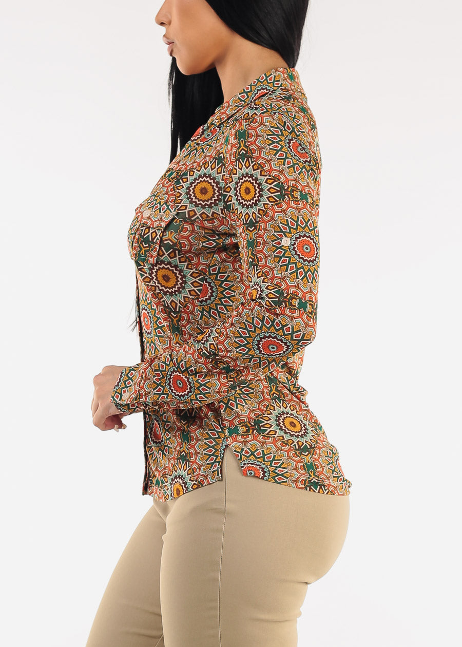 Long Sleeve Button Up Printed Mesh Blouse Green