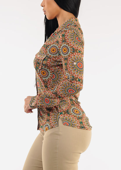 Long Sleeve Button Up Printed Mesh Blouse Green