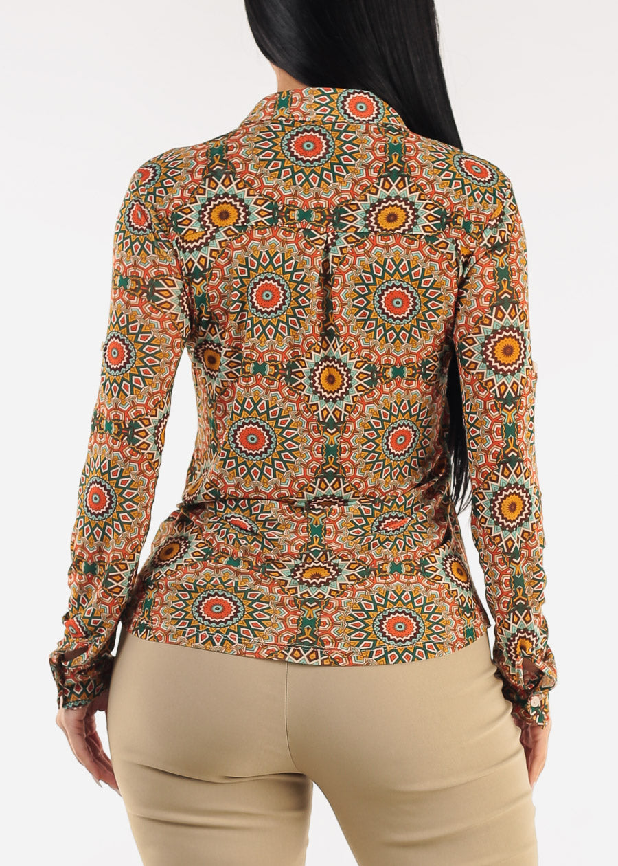 Long Sleeve Button Up Printed Mesh Blouse Green