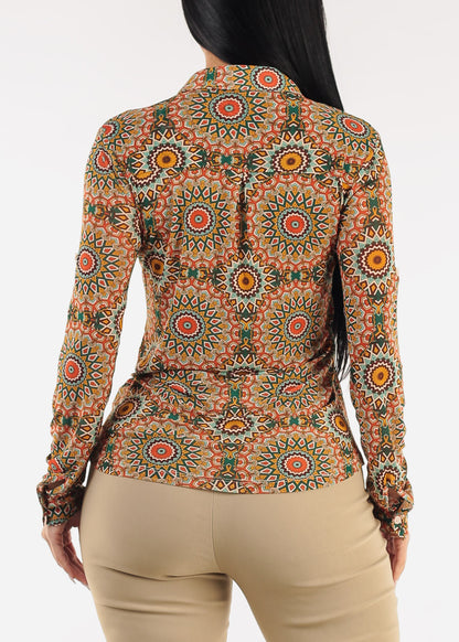 Long Sleeve Button Up Printed Mesh Blouse Green