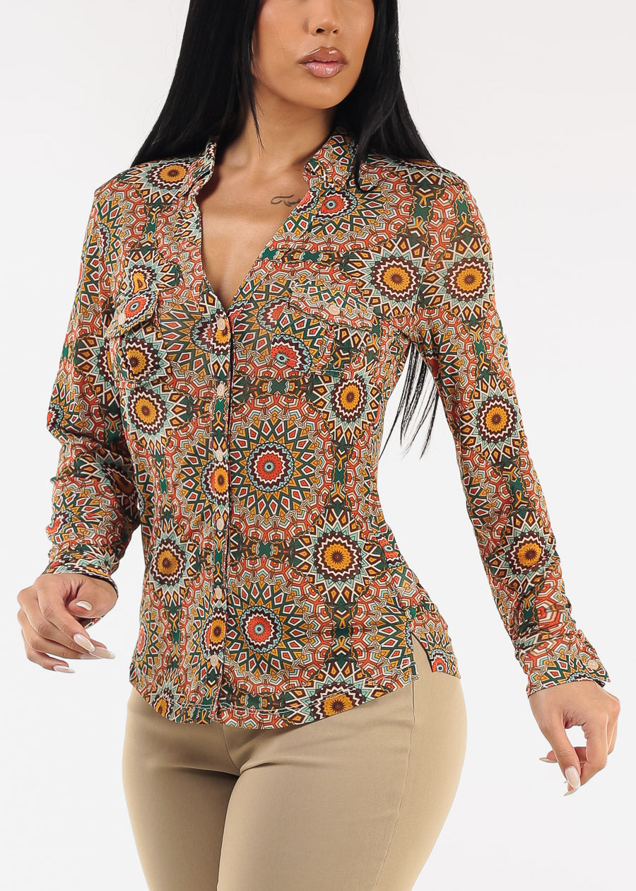 Long Sleeve Button Up Printed Mesh Blouse Green