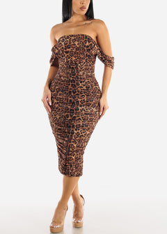 Sexy Off Shoulder Ruched Animal Print Midi Dress