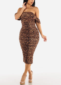 Sexy Off Shoulder Ruched Animal Print Midi Dress