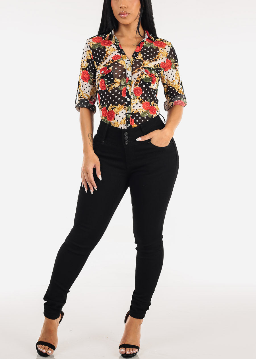 Long Sleeve Button Up Printed Mesh Blouse Black & Ivory