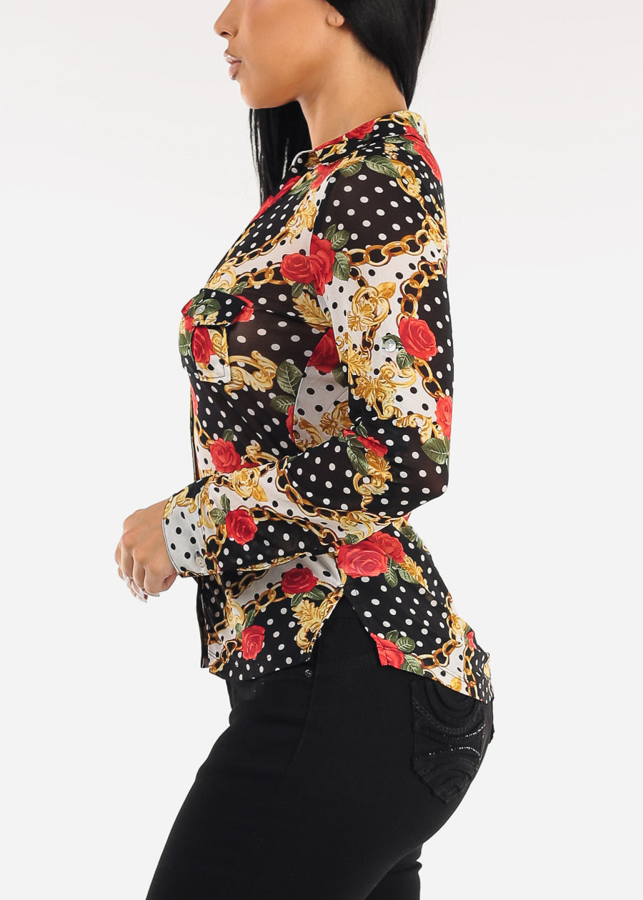 Long Sleeve Button Up Printed Mesh Blouse Black & Ivory