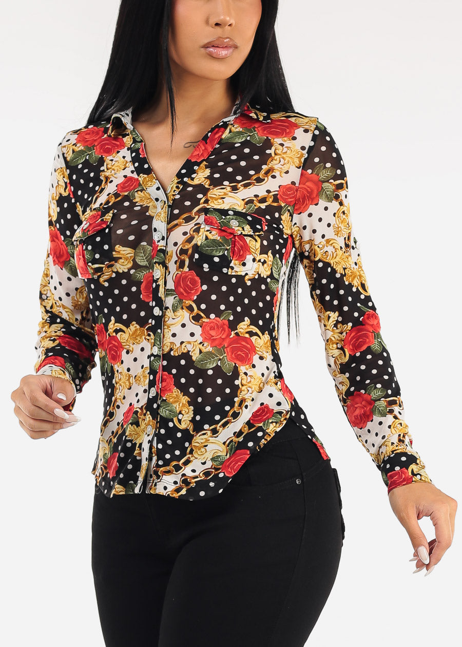 Long Sleeve Button Up Printed Mesh Blouse Black & Ivory