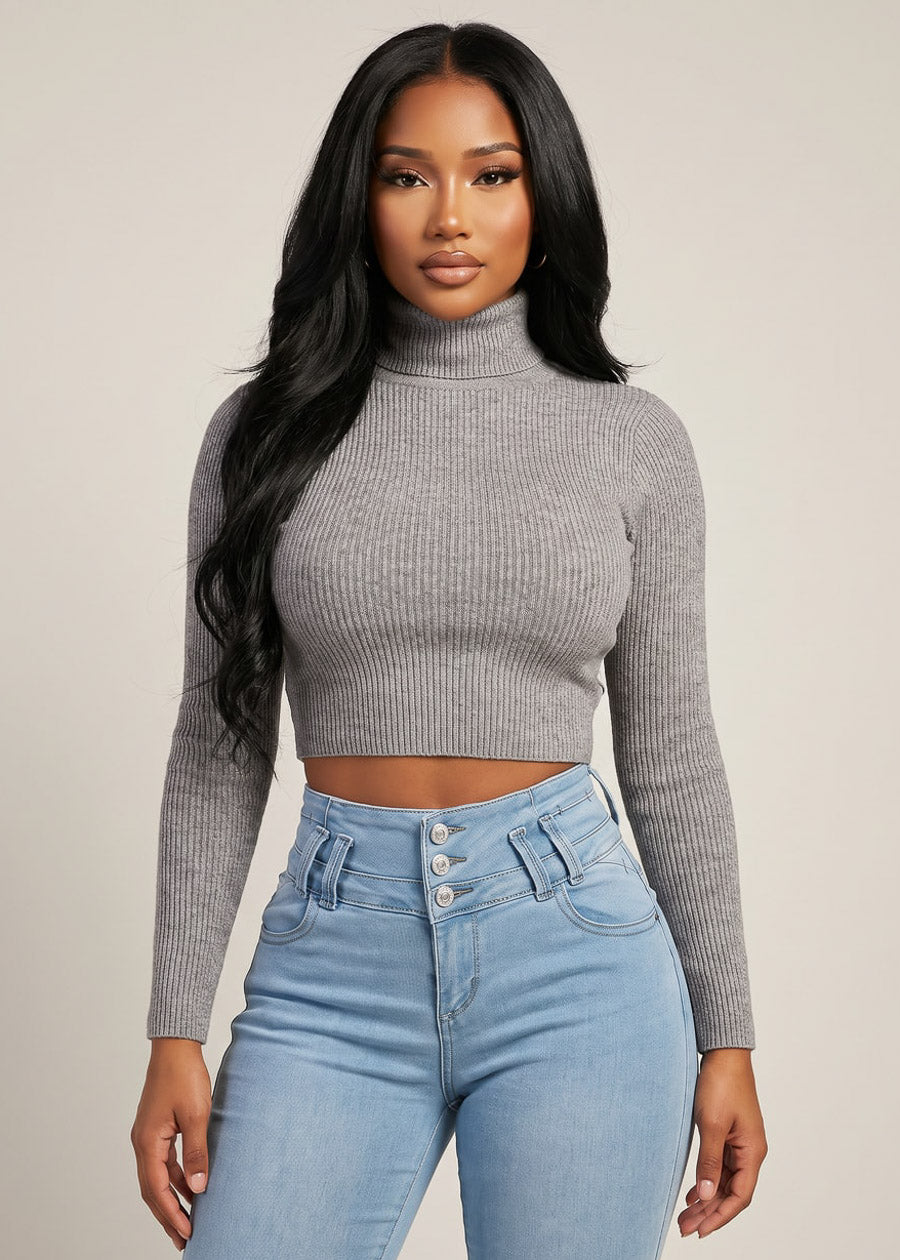Mock Neck Ribbed Hacci Cropped Sweater Top Heather Grey, view 1 of 2