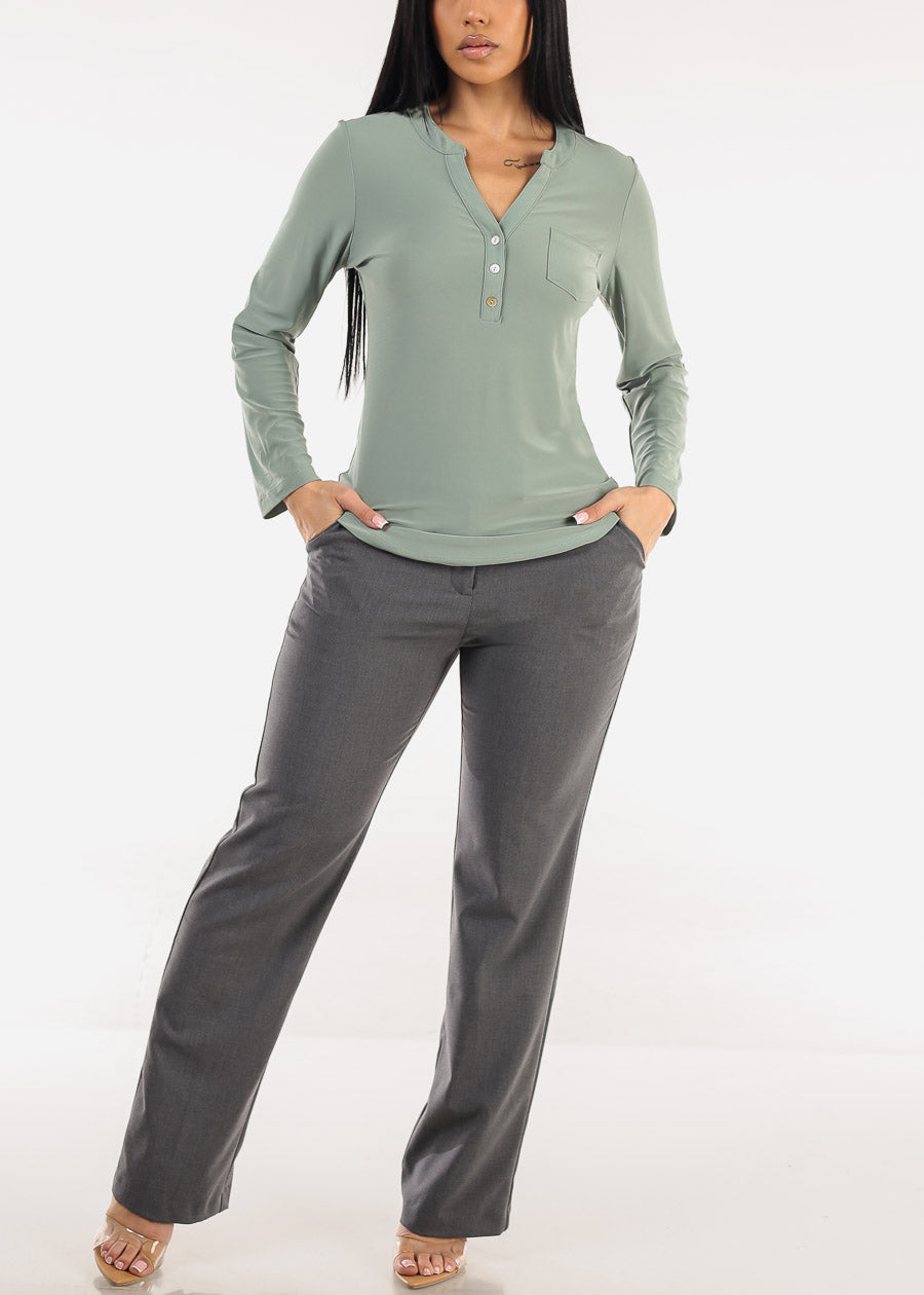 Long Sleeve Stretchy Henley Blouse Sage