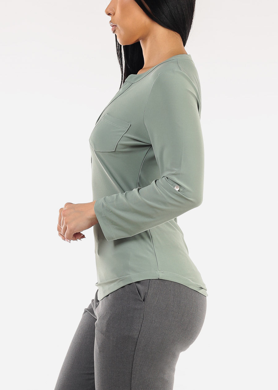 Long Sleeve Stretchy Henley Blouse Sage