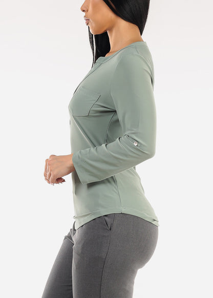 Long Sleeve Stretchy Henley Blouse Sage