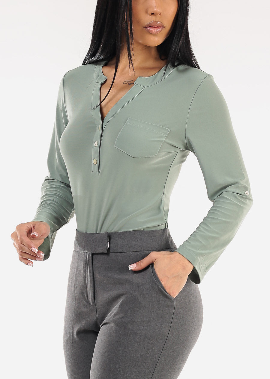 Long Sleeve Stretchy Henley Blouse Sage