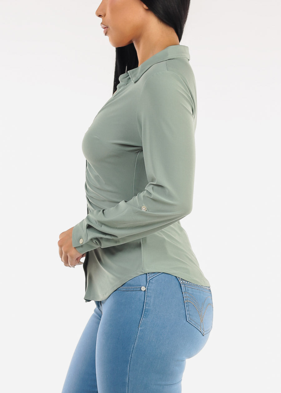 Stretch Long Sleeve Ruched Button Up Collared Blouse Sage