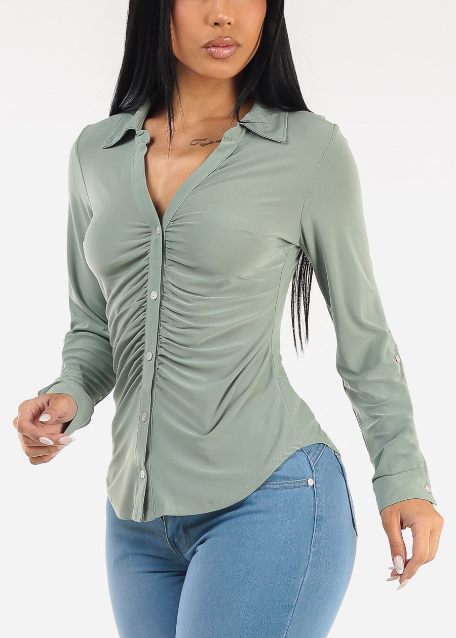 Stretch Long Sleeve Ruched Button Up Collared Blouse Sage