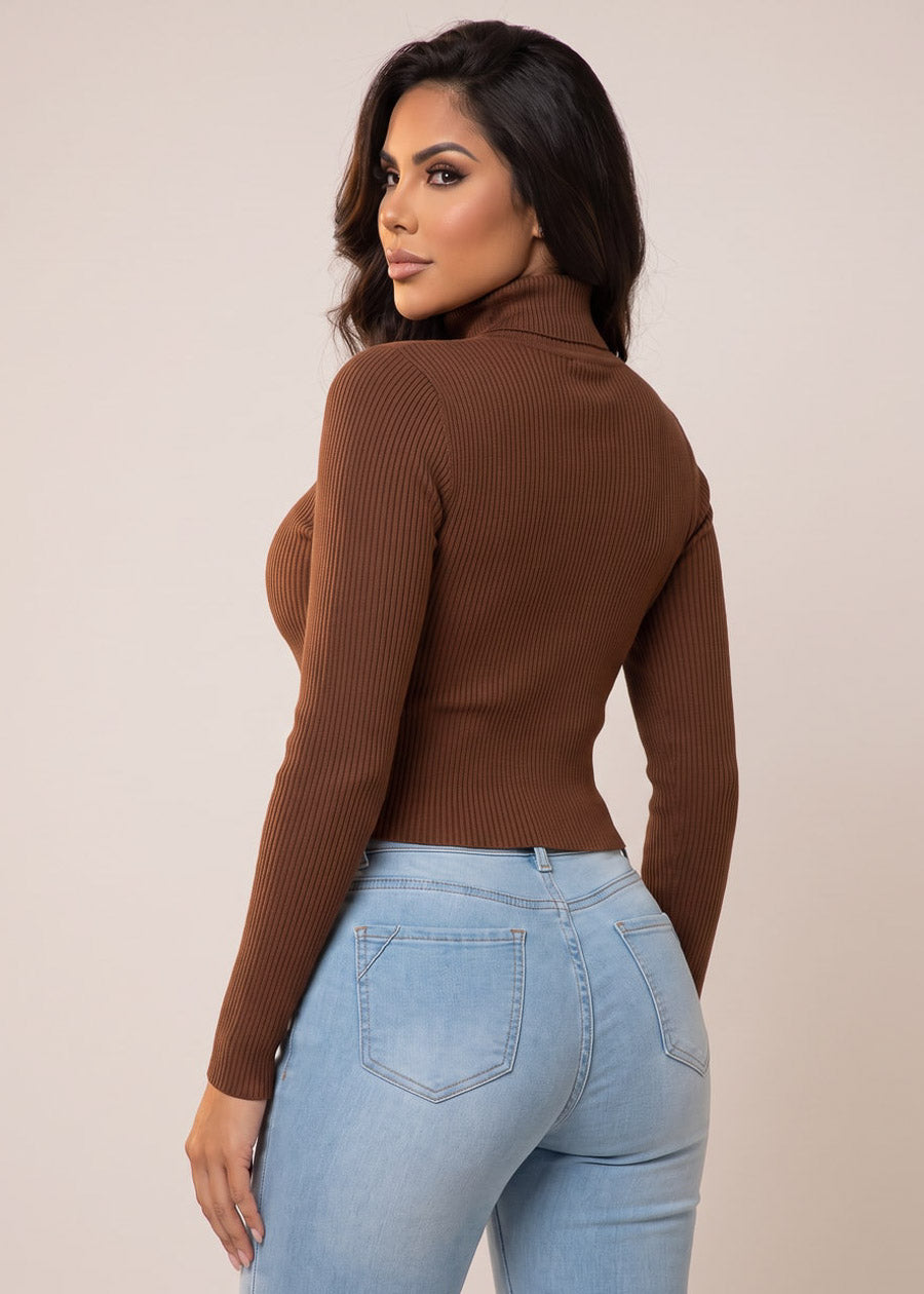 Mock Neck Ribbed Hacci Cropped Sweater Top Brown, view 2 of 2