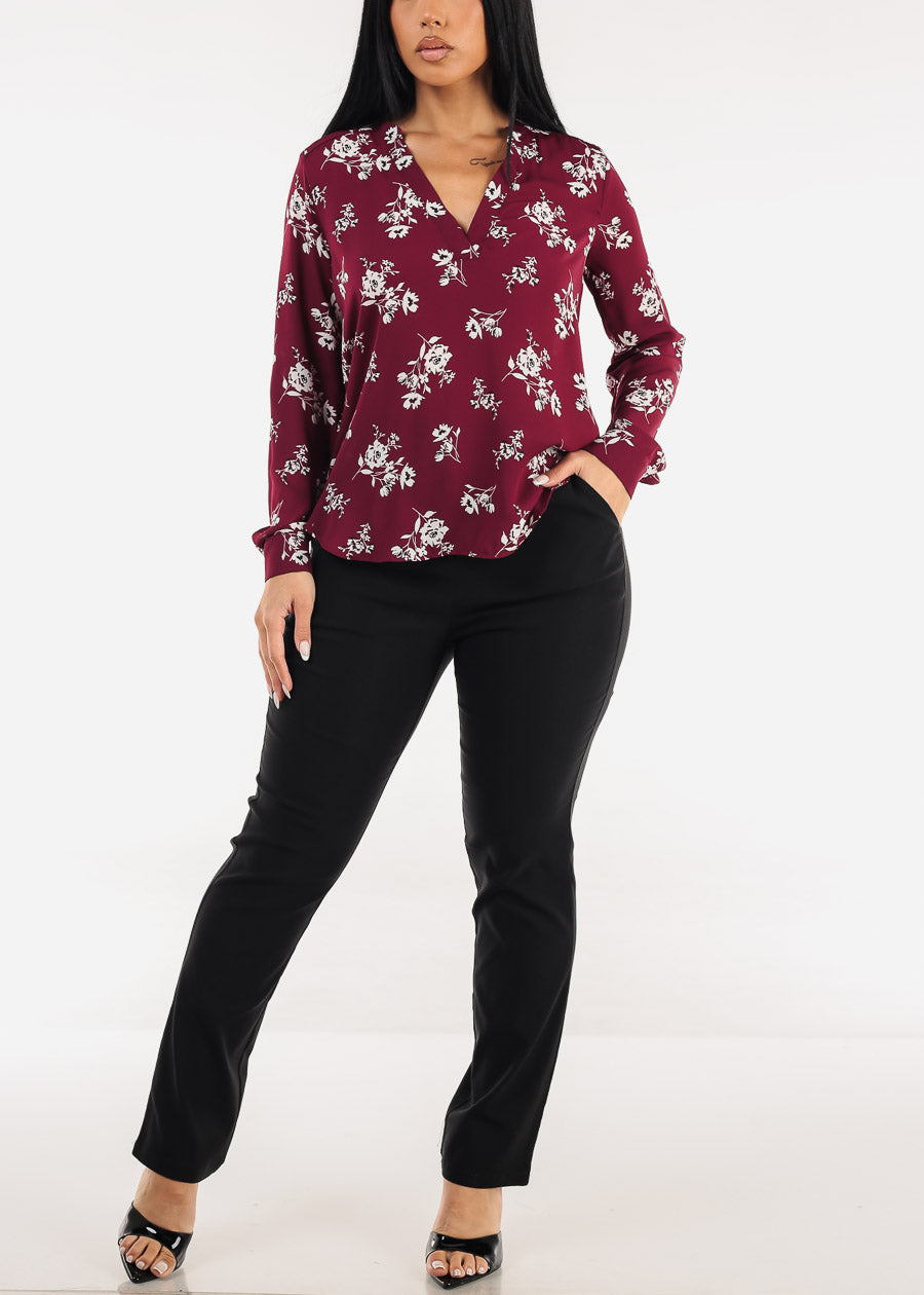 Long Sleeve Vneck Floral Blouse Burgundy