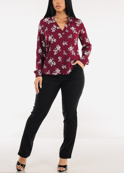 Long Sleeve Vneck Floral Blouse Burgundy