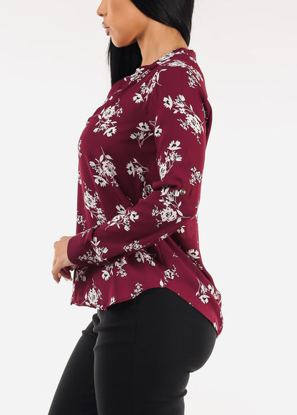 Long Sleeve Vneck Floral Blouse Burgundy