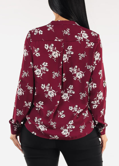 Long Sleeve Vneck Floral Blouse Burgundy