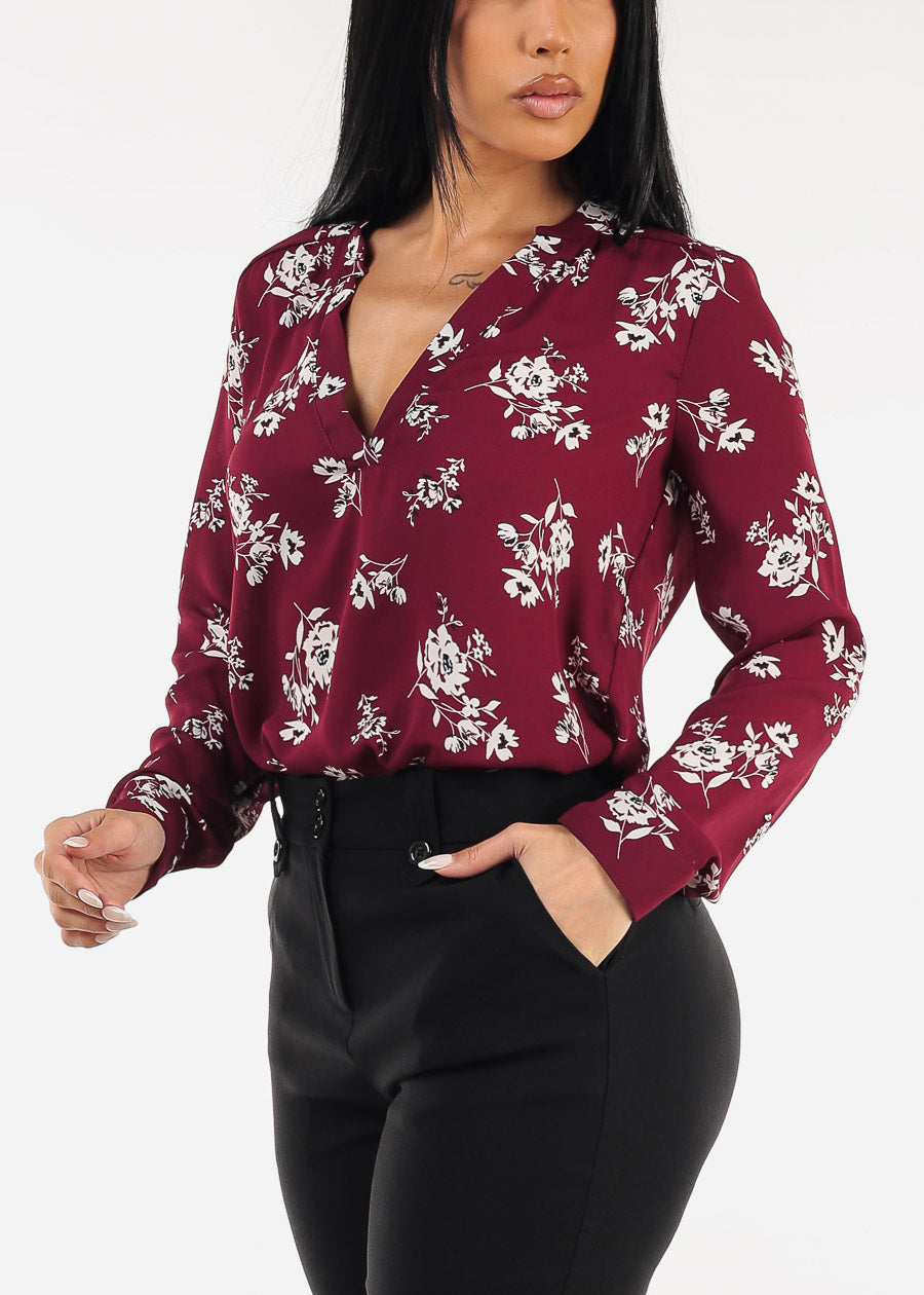 Long Sleeve Vneck Floral Blouse Burgundy