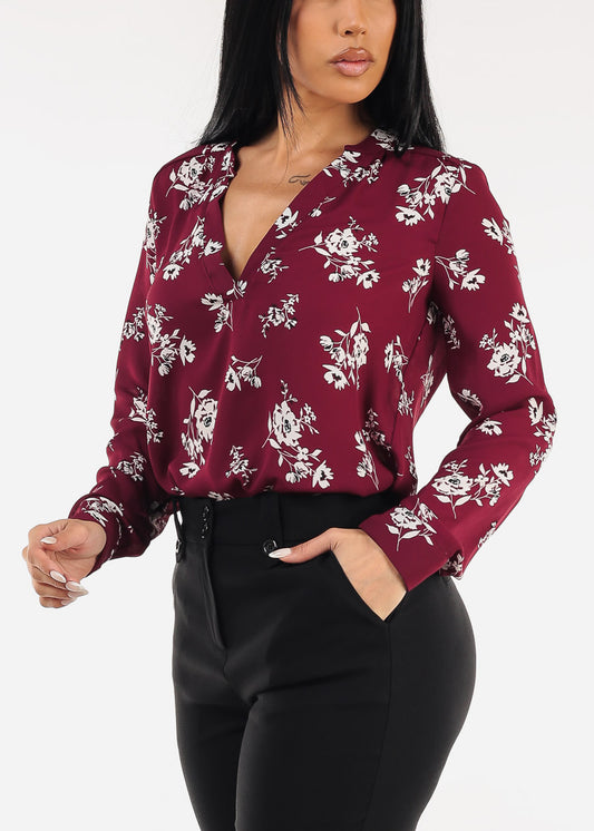 Long Sleeve Vneck Floral Blouse Burgundy