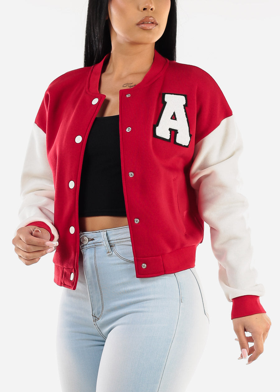 Long Sleeve Fleece Varsity Jacket Red