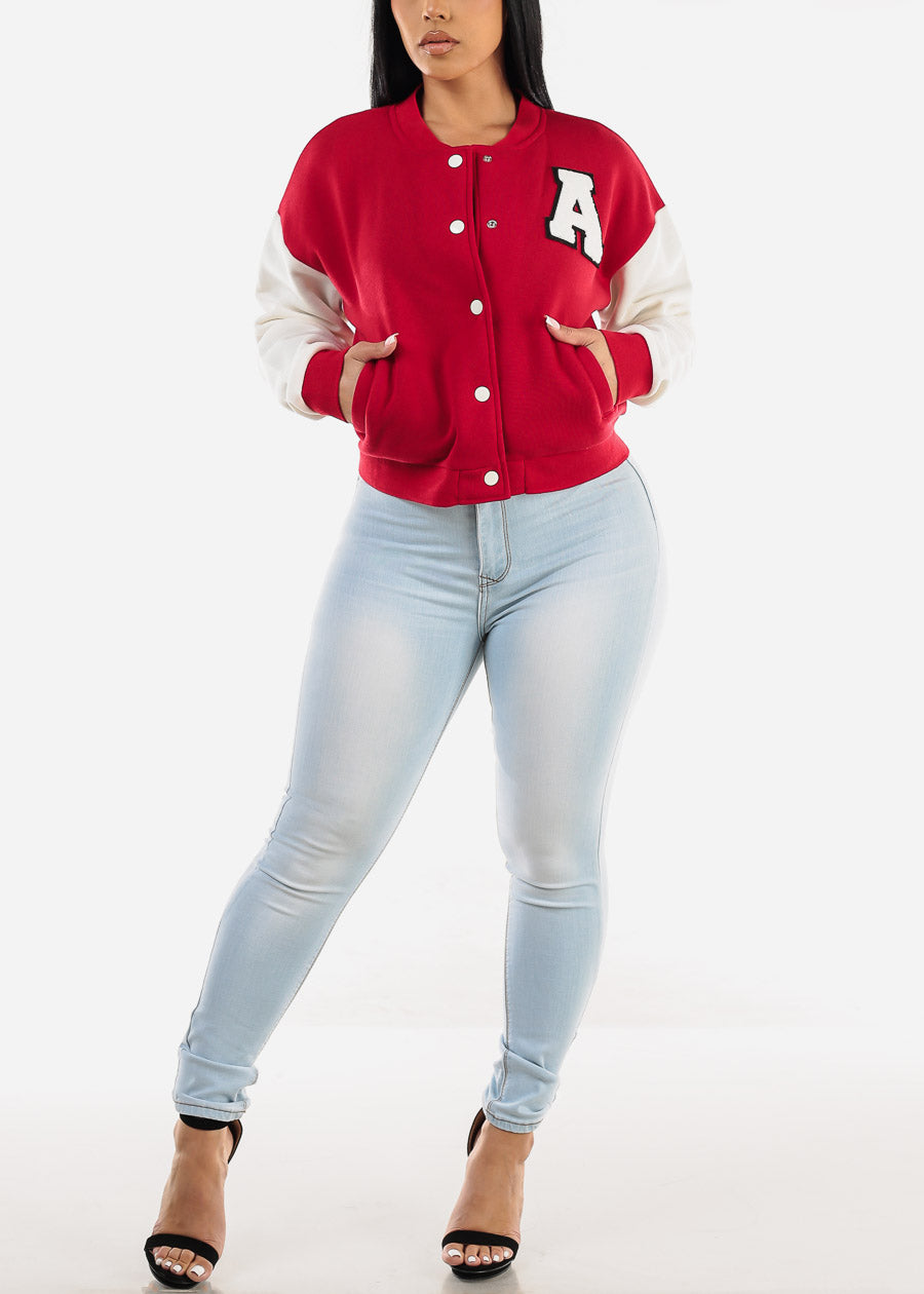 Long Sleeve Fleece Varsity Jacket Red