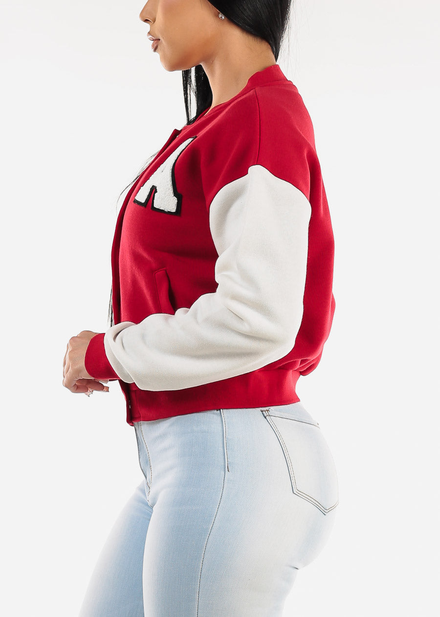 Long Sleeve Fleece Varsity Jacket Red