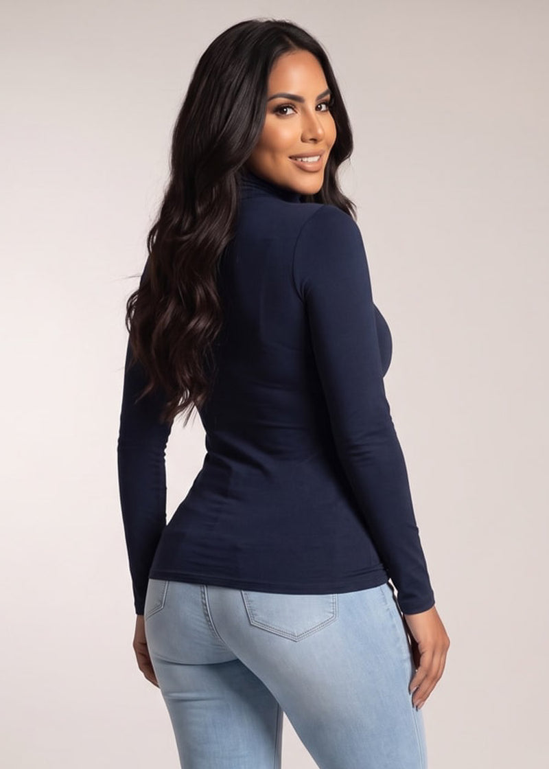 Long Sleeve Turtleneck Stretch Top Navy
