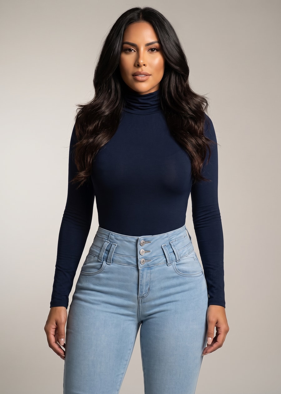 Long Sleeve Turtleneck Stretch Top Navy, view 3 of 4