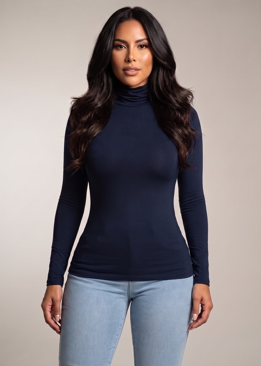 Long Sleeve Turtleneck Stretch Top Navy, view 1 of 4