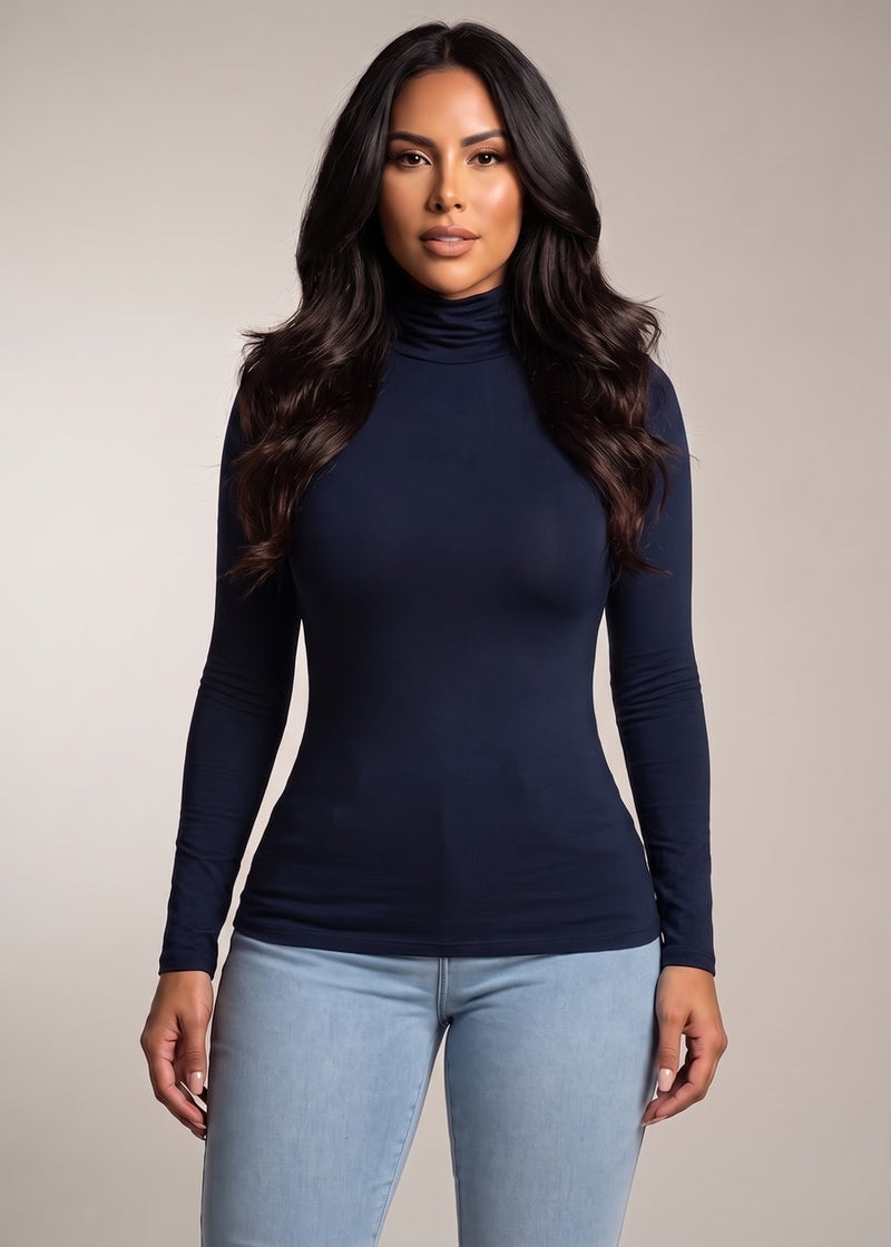 Long Sleeve Turtleneck Stretch Top Navy