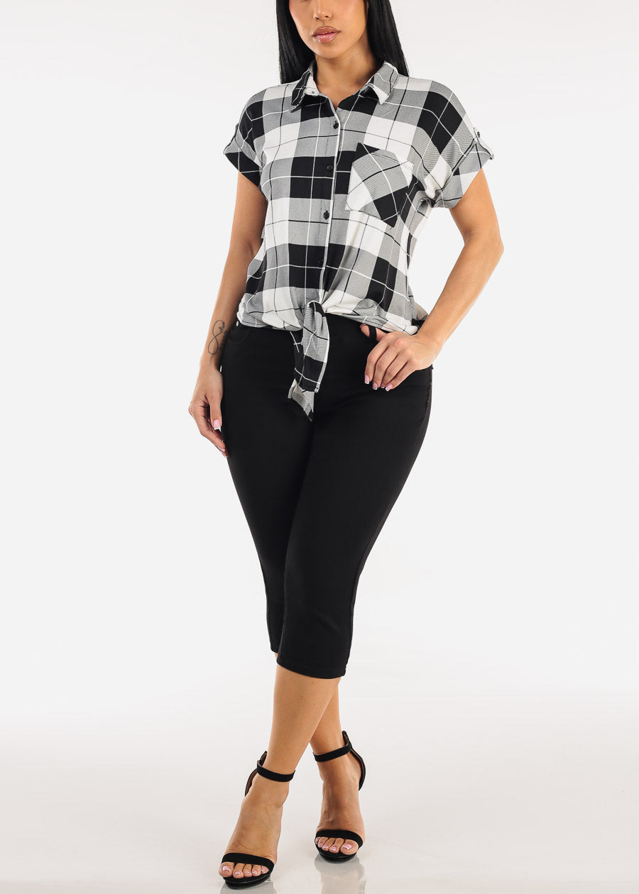 Short Sleeve Tie Front Button Up Plaid Blouse B&W