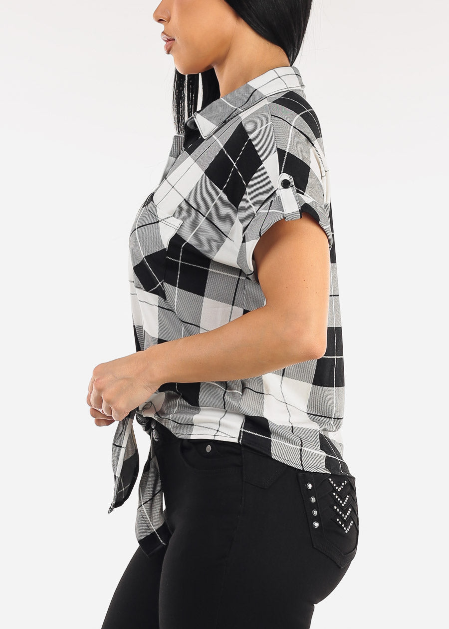 Short Sleeve Tie Front Button Up Plaid Blouse B&W