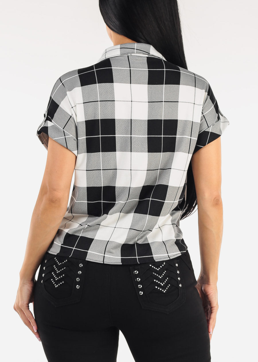 Short Sleeve Tie Front Button Up Plaid Blouse B&W