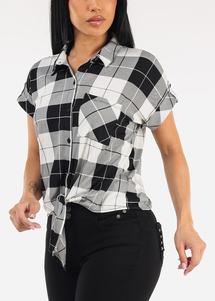 Short Sleeve Tie Front Button Up Plaid Blouse B&W