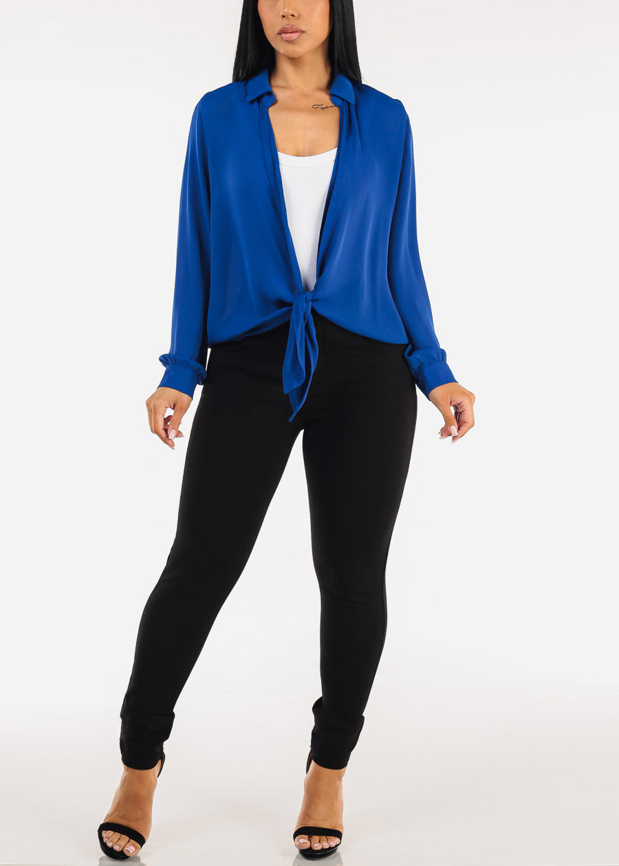 Long Sleeve Tie Front Lightweight Cardigan Royal Blue