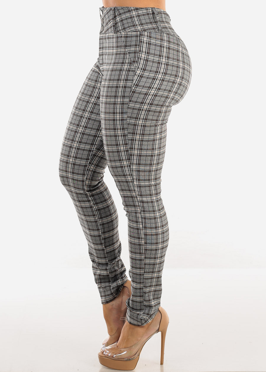 Super High Waist Plaid Skinny Pants