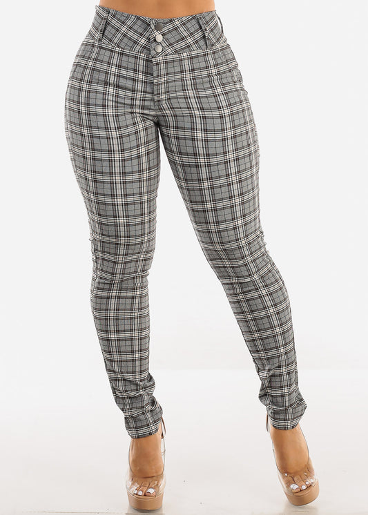 Super High Waist Plaid Skinny Pants