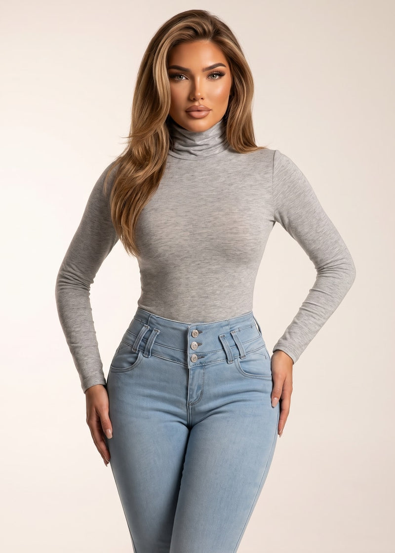 Long Sleeve Turtleneck Stretch Top Heather Grey