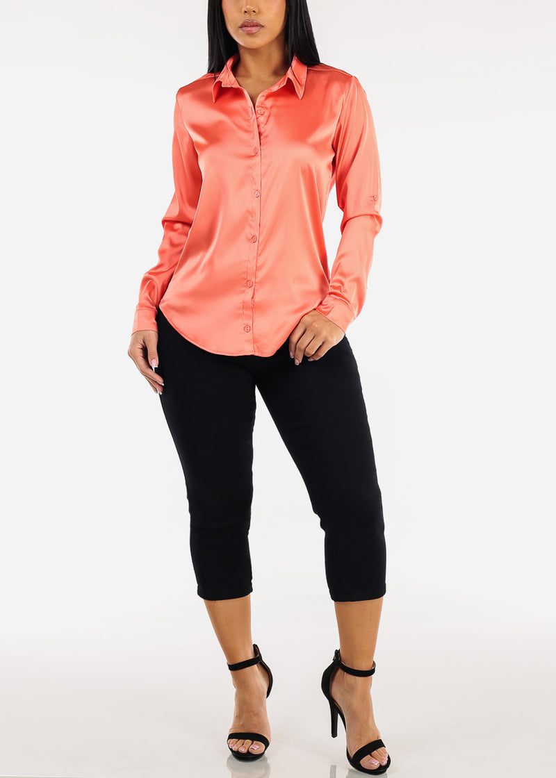 Long Sleeve Button Down Stretch Satin Blouse Light Orange
