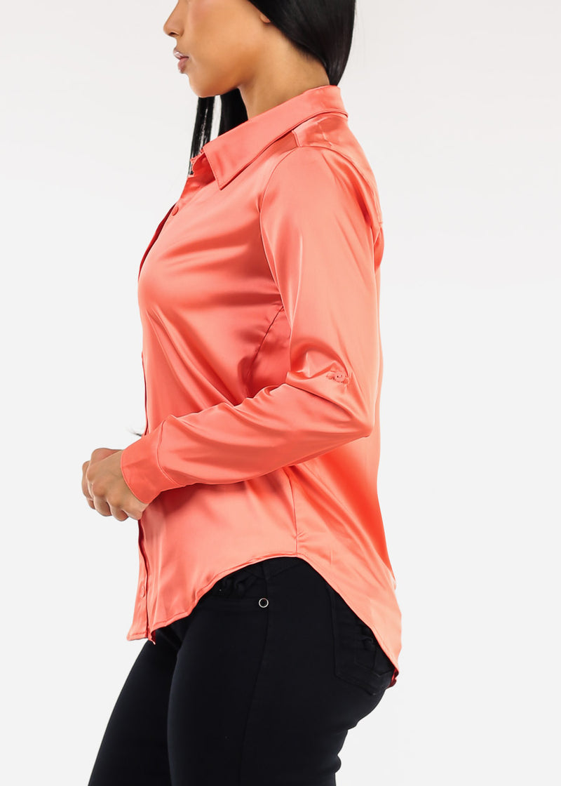Long Sleeve Button Down Stretch Satin Blouse Light Orange