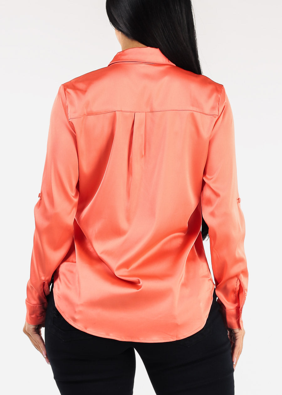 Long Sleeve Button Down Stretch Satin Blouse Light Orange