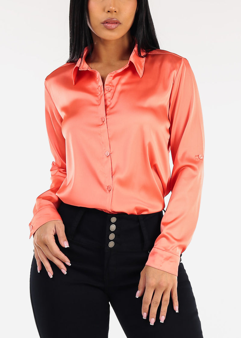 Long Sleeve Button Down Stretch Satin Blouse Light Orange